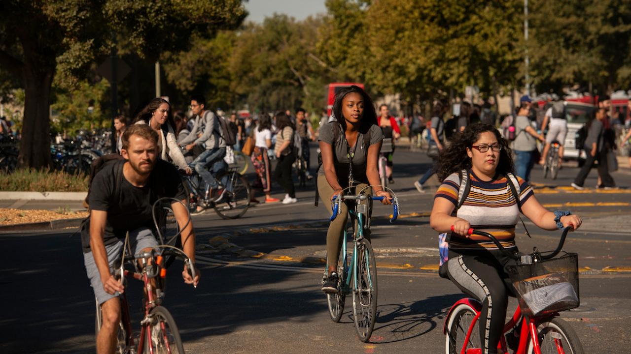 Students on bikes near roundabout.
