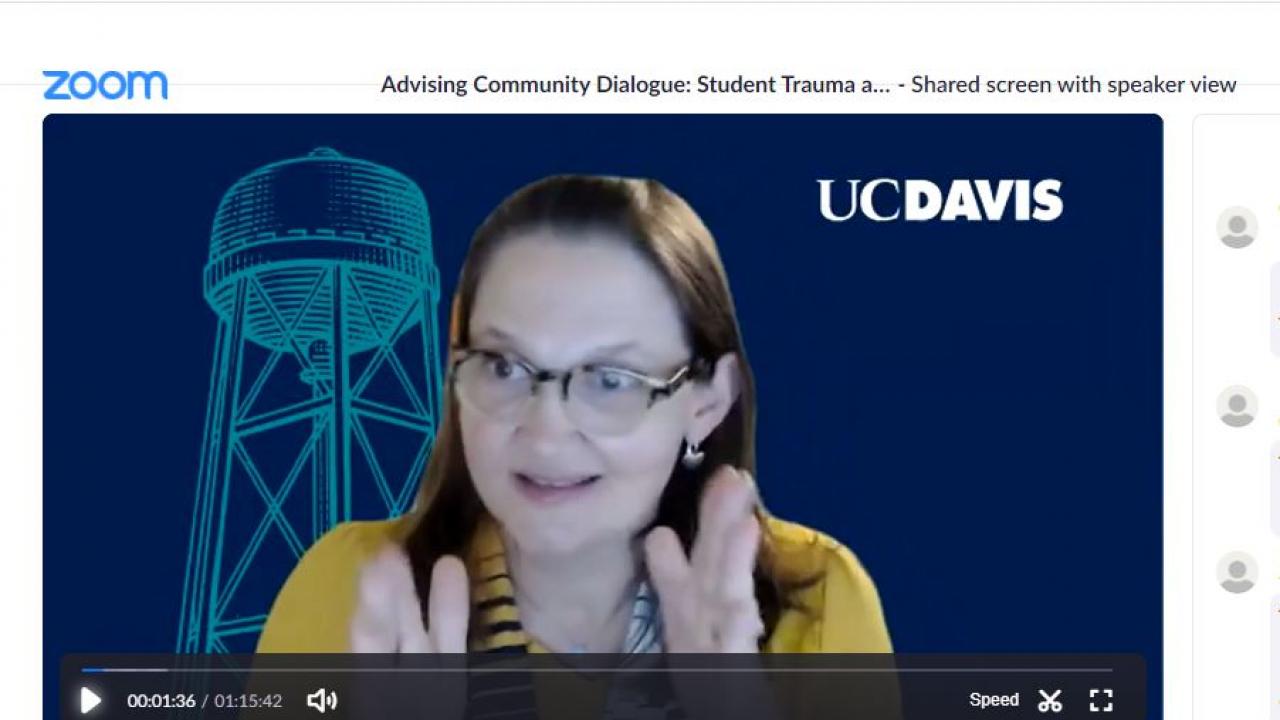Presenter, UE Vice Provost & Dean Cynthia Carter Ching, against UC Davis Zoom background