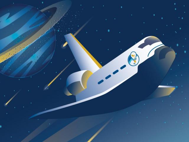 Rocketship and planet graphic.