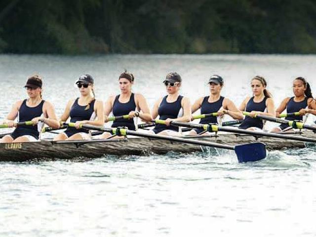 Women's rowing club on the water rowing.
