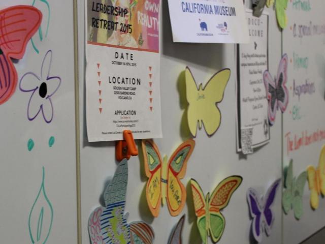 Whiteboard in AB 540 center with butterfly cutouts.