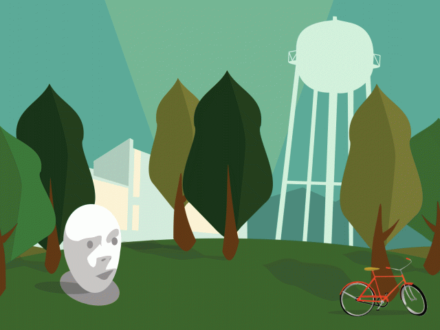 Graphic of campus in green tones.