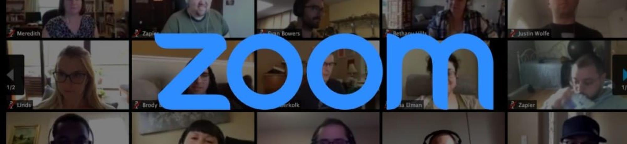 Zoom logo over people connected via Zoom platform.